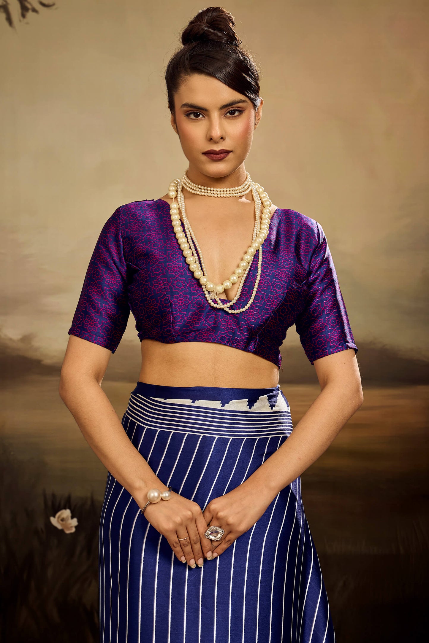 Allure Navy Blue Ajrakh Printed Semi Modal Silk Saree With Intricate Blouse Piece