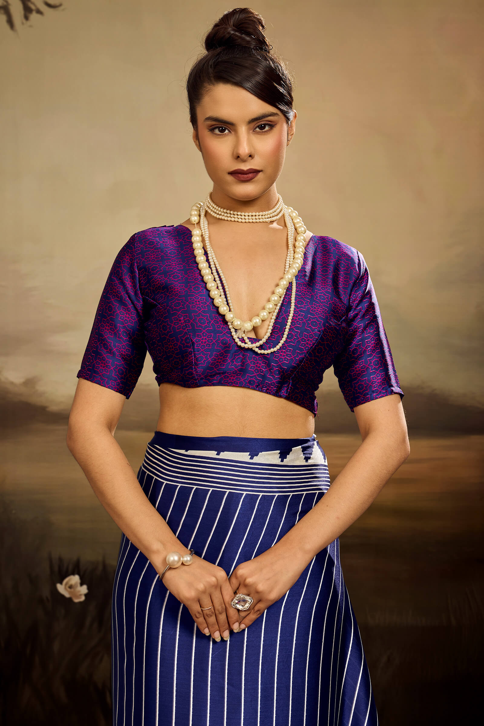 Allure Navy Blue Ajrakh Printed Semi Modal Silk Saree With Intricate Blouse Piece
