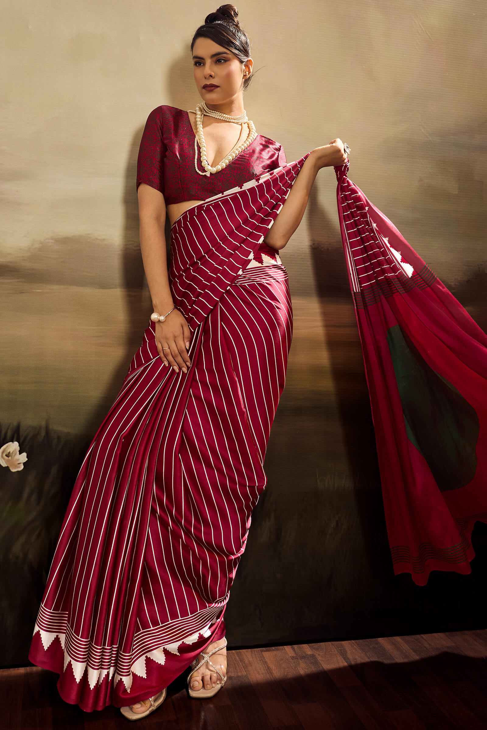 Brood Maroon Ajrakh Printed Semi Modal Silk Saree With Tremendous Blouse Piece