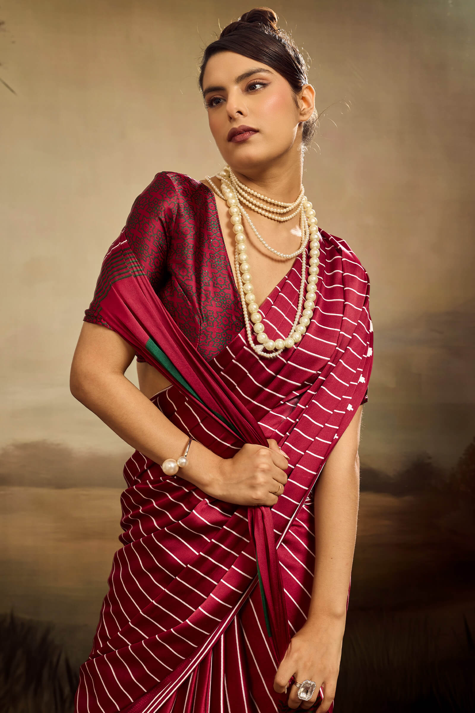 Brood Maroon Ajrakh Printed Semi Modal Silk Saree With Tremendous Blouse Piece