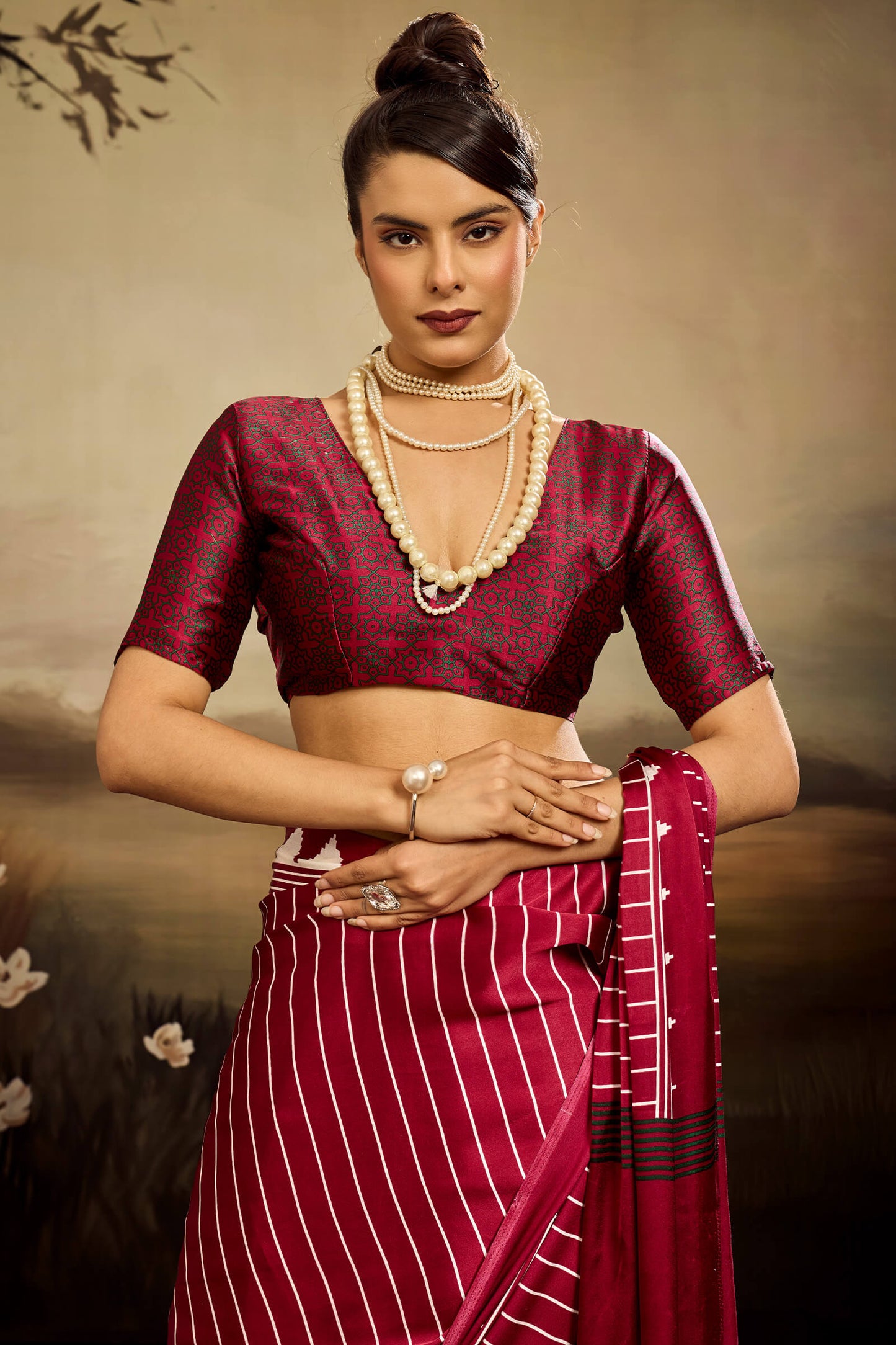 Brood Maroon Ajrakh Printed Semi Modal Silk Saree With Tremendous Blouse Piece