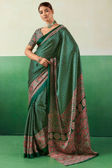 Ailurophile Dark Green Ajrakh Printed Semi Modal Silk Saree With Gorgeous Blouse Piece