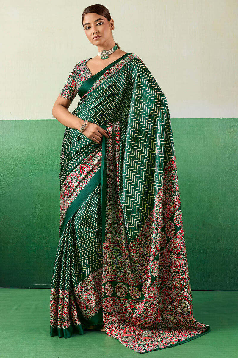 Ailurophile Dark Green Ajrakh Printed Semi Modal Silk Saree With Gorgeous Blouse Piece