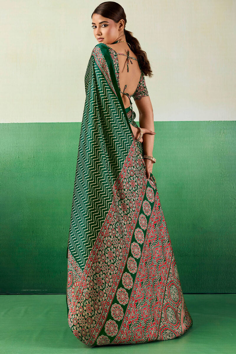 Ailurophile Dark Green Ajrakh Printed Semi Modal Silk Saree With Gorgeous Blouse Piece