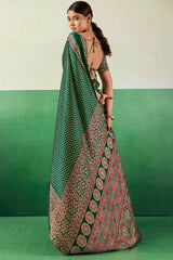 Ailurophile Dark Green Ajrakh Printed Semi Modal Silk Saree With Gorgeous Blouse Piece