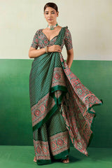 Ailurophile Dark Green Ajrakh Printed Semi Modal Silk Saree With Gorgeous Blouse Piece