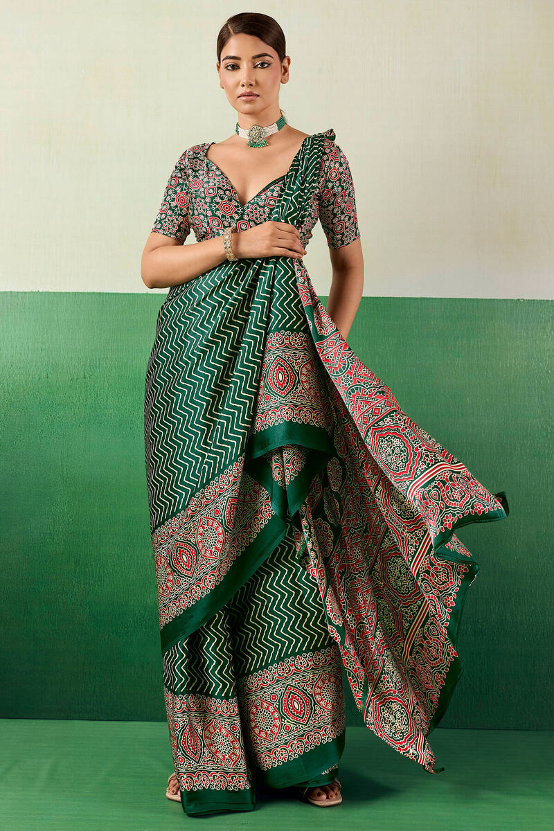 Ailurophile Dark Green Ajrakh Printed Semi Modal Silk Saree With Gorgeous Blouse Piece