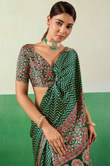 Ailurophile Dark Green Ajrakh Printed Semi Modal Silk Saree With Gorgeous Blouse Piece
