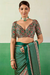 Ailurophile Dark Green Ajrakh Printed Semi Modal Silk Saree With Gorgeous Blouse Piece