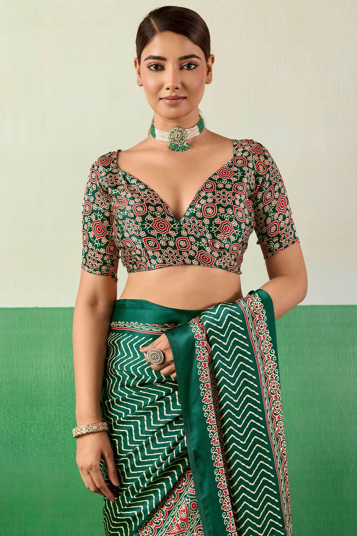 Ailurophile Dark Green Ajrakh Printed Semi Modal Silk Saree With Gorgeous Blouse Piece