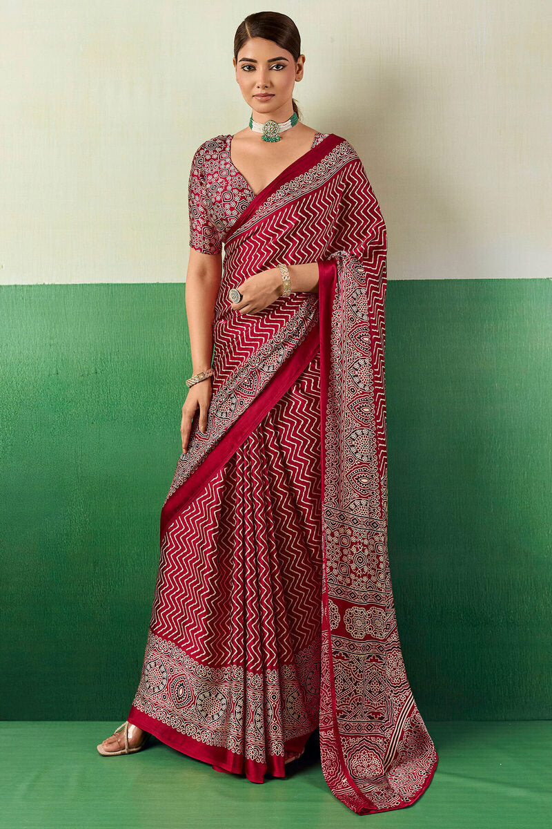 Assemblage Maroon Ajrakh Printed Semi Modal Silk Saree With Rhapsodic Blouse Piece