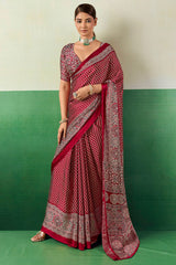 Assemblage Maroon Ajrakh Printed Semi Modal Silk Saree With Rhapsodic Blouse Piece