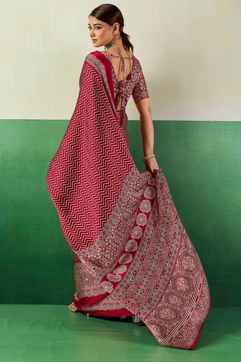 Assemblage Maroon Ajrakh Printed Semi Modal Silk Saree With Rhapsodic Blouse Piece