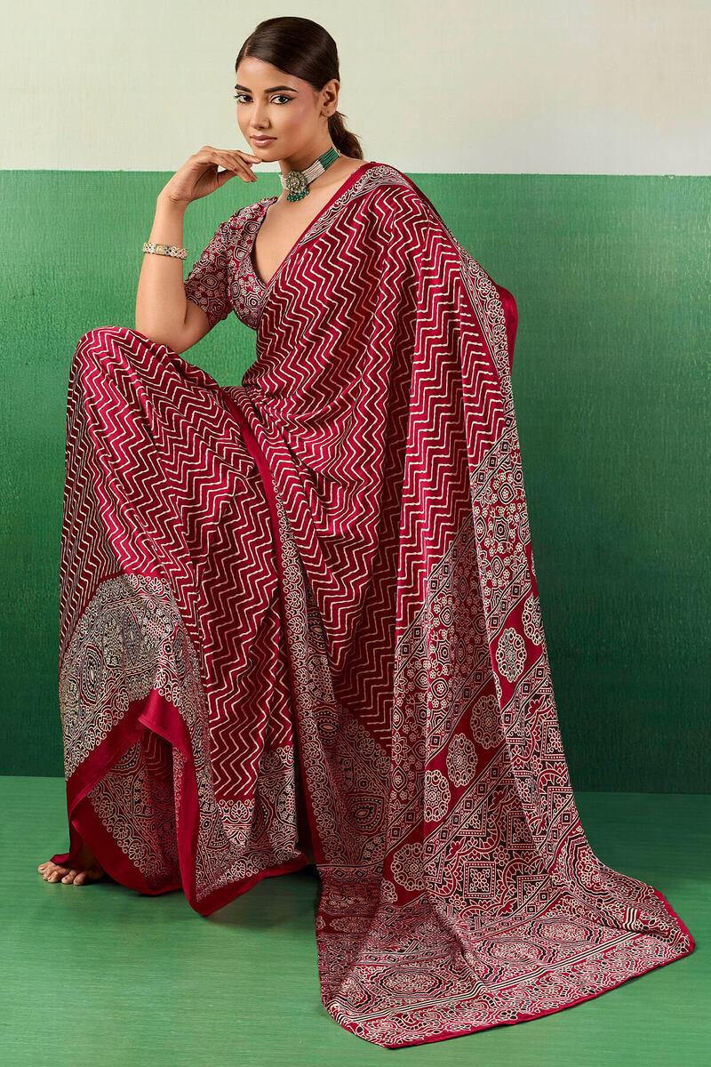 Assemblage Maroon Ajrakh Printed Semi Modal Silk Saree With Rhapsodic Blouse Piece