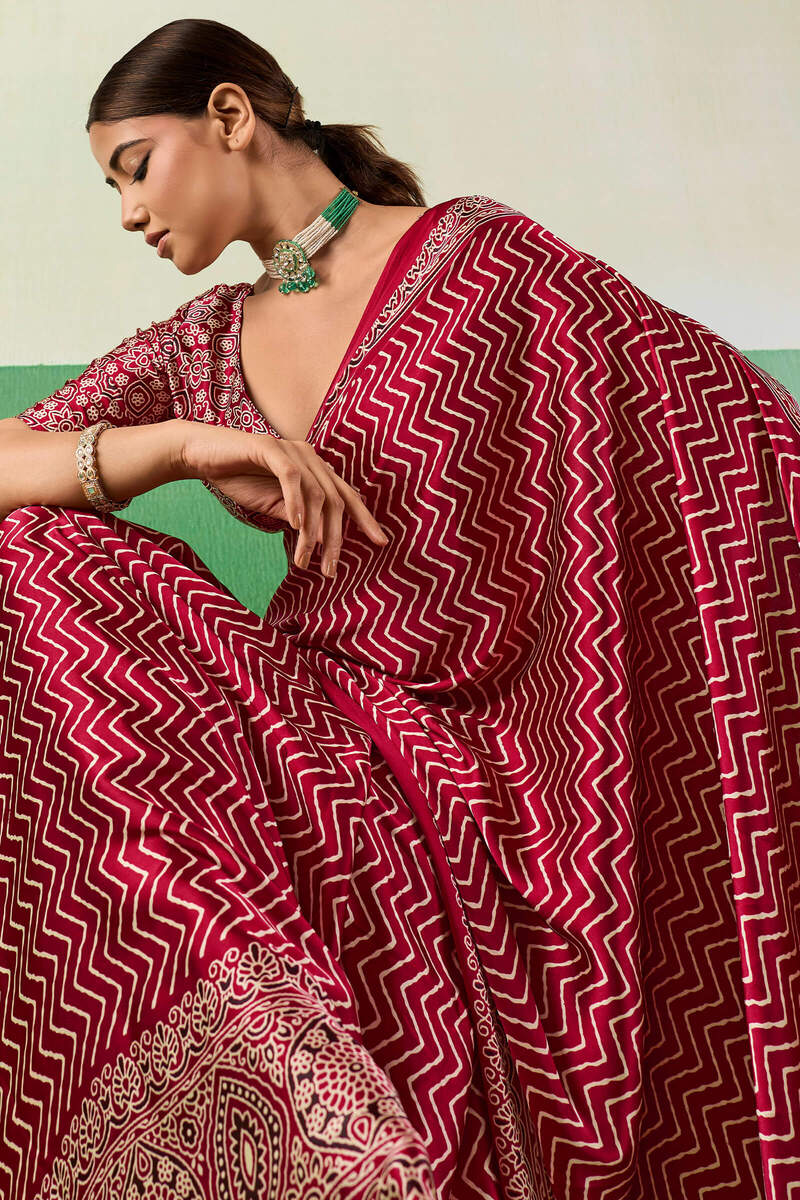 Assemblage Maroon Ajrakh Printed Semi Modal Silk Saree With Rhapsodic Blouse Piece