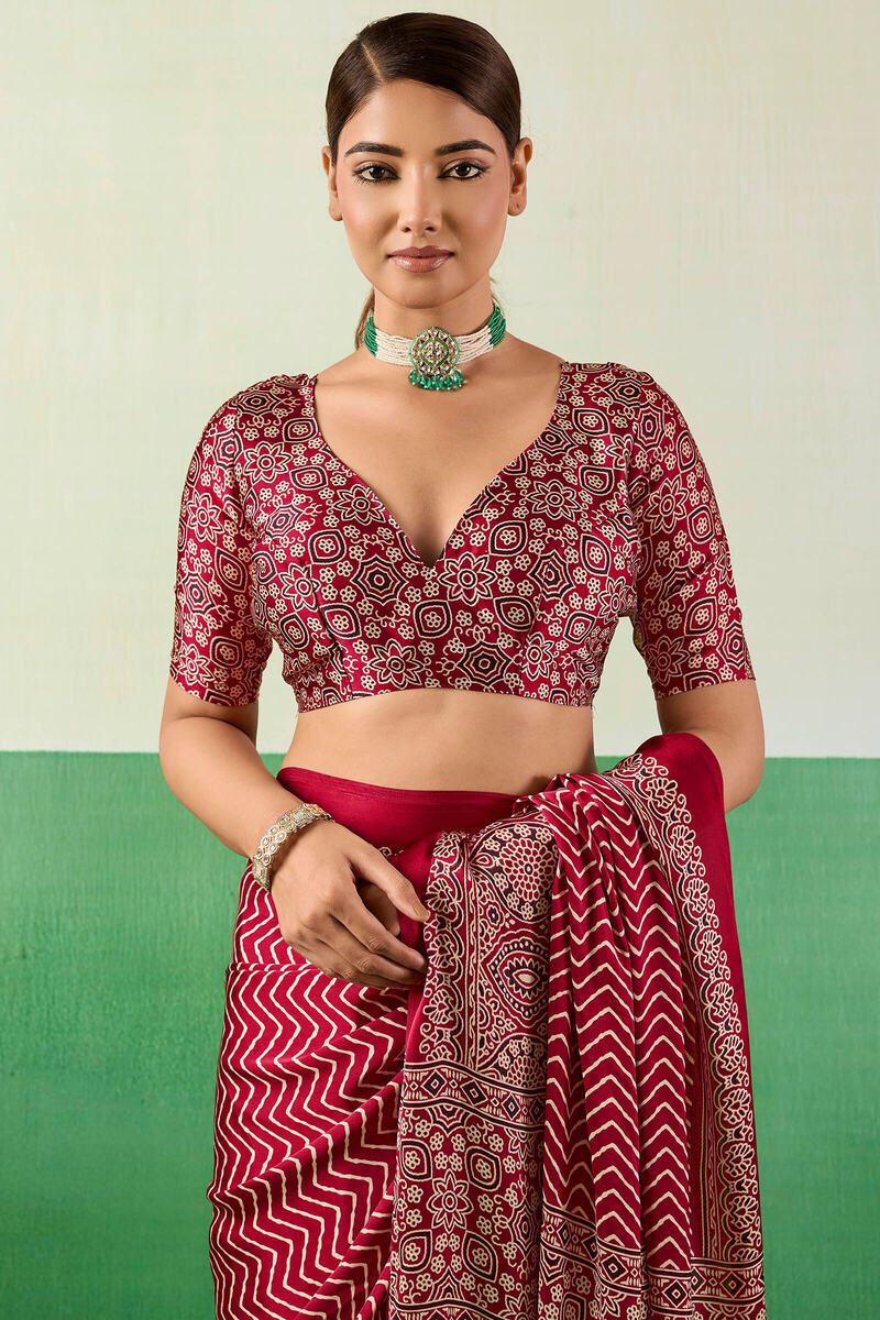 Assemblage Maroon Ajrakh Printed Semi Modal Silk Saree With Rhapsodic Blouse Piece