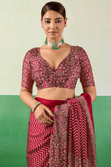 Assemblage Maroon Ajrakh Printed Semi Modal Silk Saree With Rhapsodic Blouse Piece