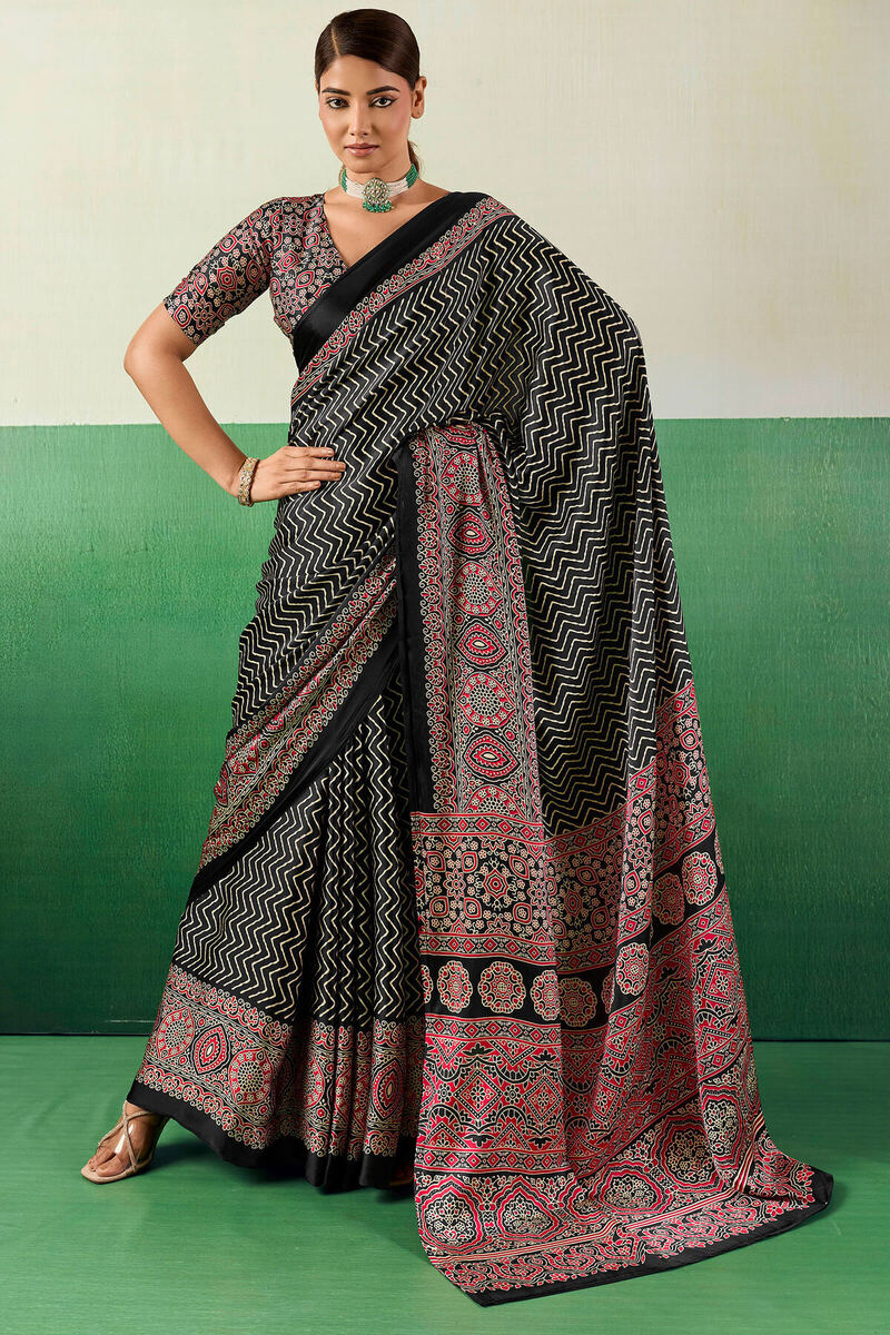 Transcendent Black Ajrakh Printed Semi Modal Silk Saree With Evocative Blouse Piece