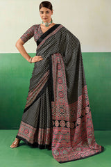 Transcendent Black Ajrakh Printed Semi Modal Silk Saree With Evocative Blouse Piece