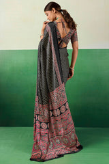 Transcendent Black Ajrakh Printed Semi Modal Silk Saree With Evocative Blouse Piece