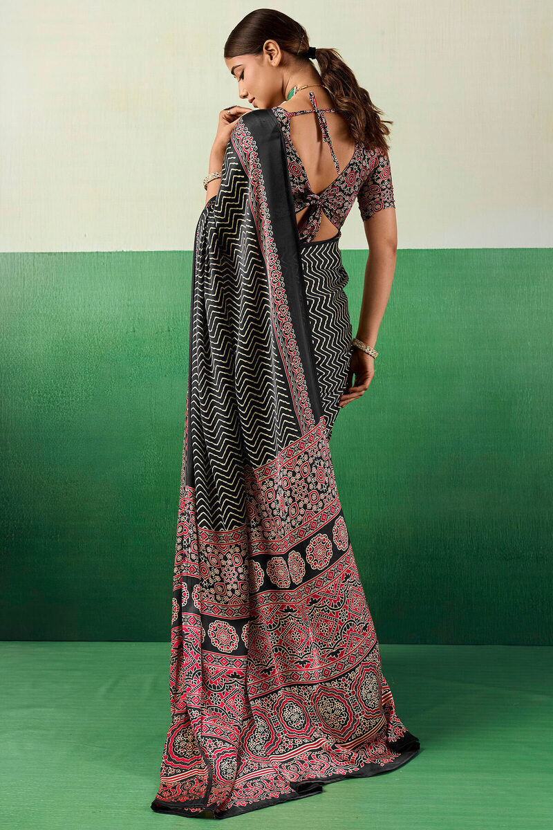 Transcendent Black Ajrakh Printed Semi Modal Silk Saree With Evocative Blouse Piece