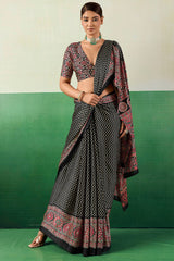 Transcendent Black Ajrakh Printed Semi Modal Silk Saree With Evocative Blouse Piece