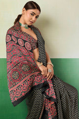 Transcendent Black Ajrakh Printed Semi Modal Silk Saree With Evocative Blouse Piece