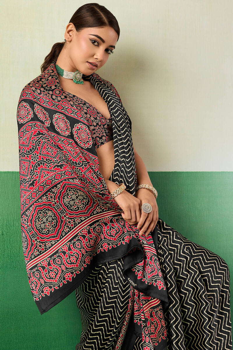 Transcendent Black Ajrakh Printed Semi Modal Silk Saree With Evocative Blouse Piece