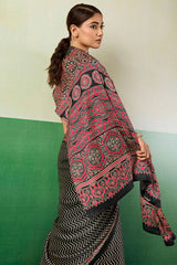 Transcendent Black Ajrakh Printed Semi Modal Silk Saree With Evocative Blouse Piece