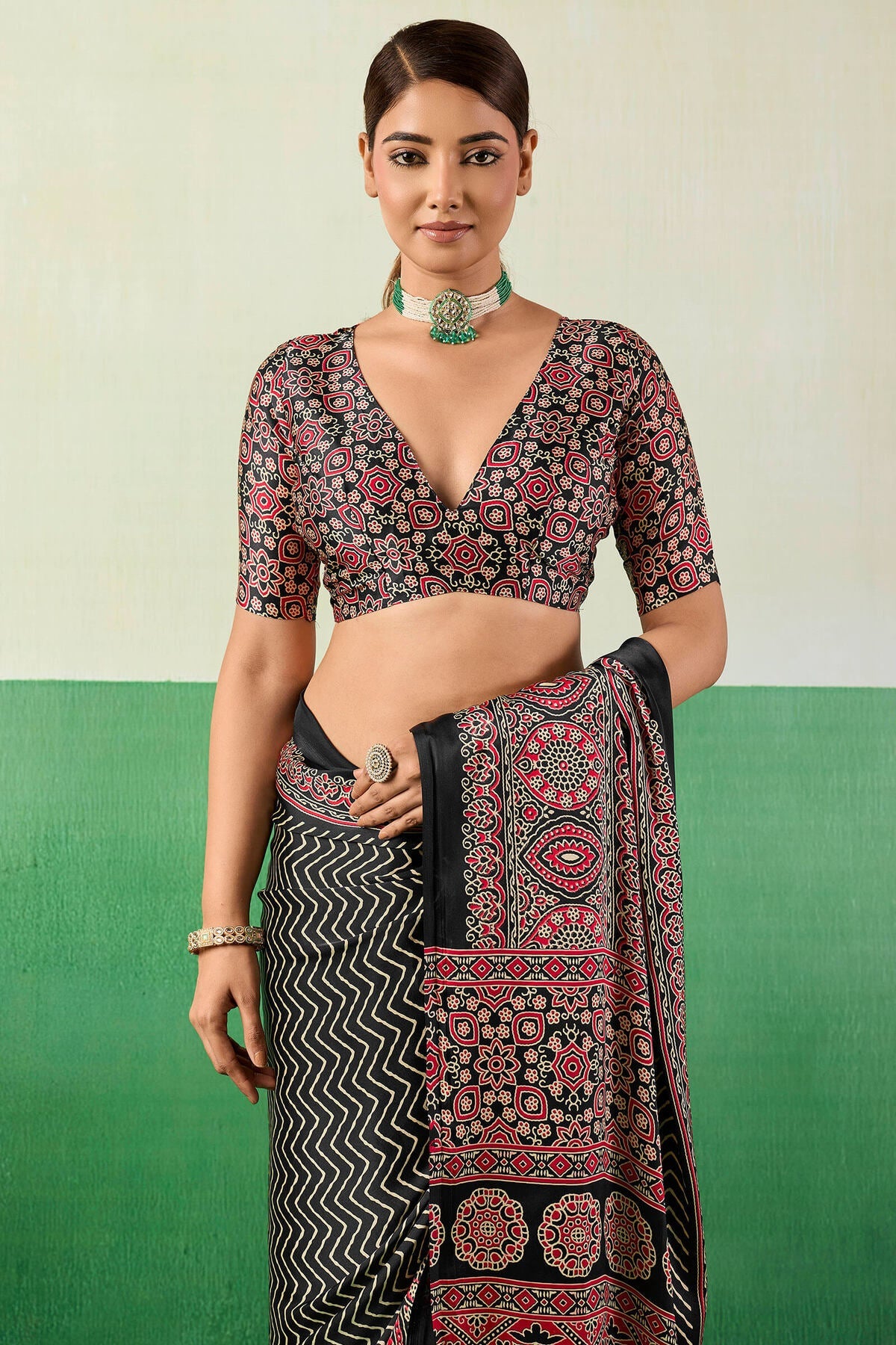 Transcendent Black Ajrakh Printed Semi Modal Silk Saree With Evocative Blouse Piece