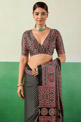 Transcendent Black Ajrakh Printed Semi Modal Silk Saree With Evocative Blouse Piece