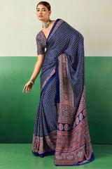Surreptitious Navy Blue Ajrakh Printed Semi Modal Silk Saree With Extraordinary Blouse Piece
