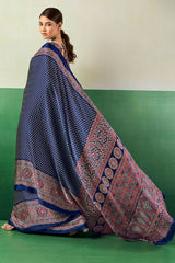 Surreptitious Navy Blue Ajrakh Printed Semi Modal Silk Saree With Extraordinary Blouse Piece