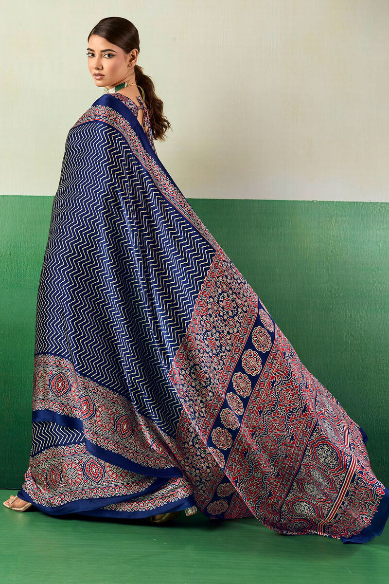 Surreptitious Navy Blue Ajrakh Printed Semi Modal Silk Saree With Extraordinary Blouse Piece