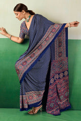 Surreptitious Navy Blue Ajrakh Printed Semi Modal Silk Saree With Extraordinary Blouse Piece