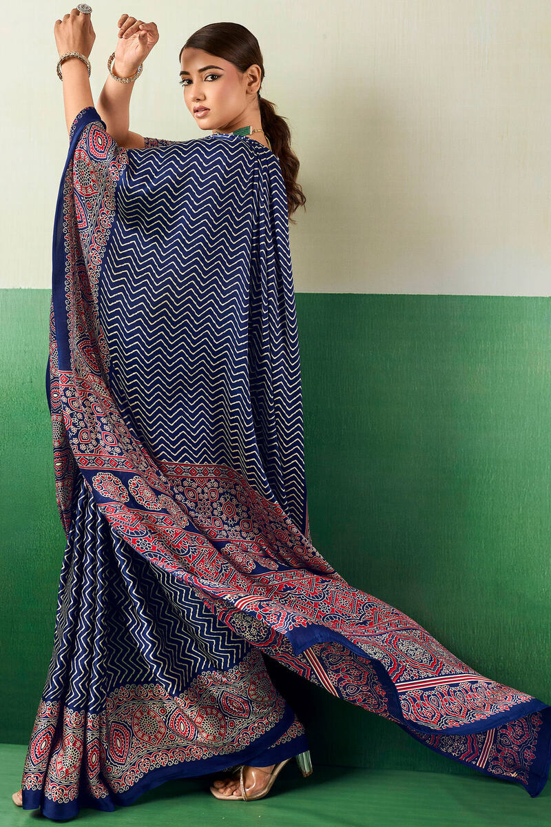 Surreptitious Navy Blue Ajrakh Printed Semi Modal Silk Saree With Extraordinary Blouse Piece