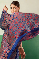 Surreptitious Navy Blue Ajrakh Printed Semi Modal Silk Saree With Extraordinary Blouse Piece