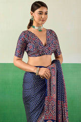 Surreptitious Navy Blue Ajrakh Printed Semi Modal Silk Saree With Extraordinary Blouse Piece
