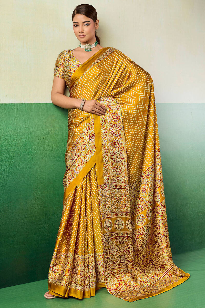Posh Yellow Ajrakh Printed Semi Modal Silk Saree With Imbrication Blouse Piece