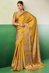 Posh Yellow Ajrakh Printed Semi Modal Silk Saree With Imbrication Blouse Piece