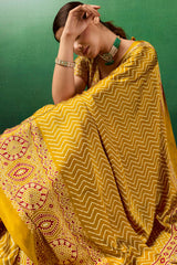 Posh Yellow Ajrakh Printed Semi Modal Silk Saree With Imbrication Blouse Piece