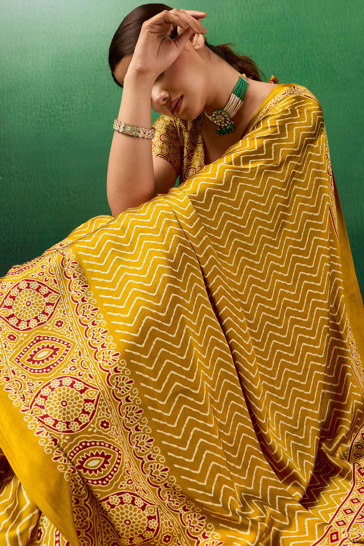 Posh Yellow Ajrakh Printed Semi Modal Silk Saree With Imbrication Blouse Piece