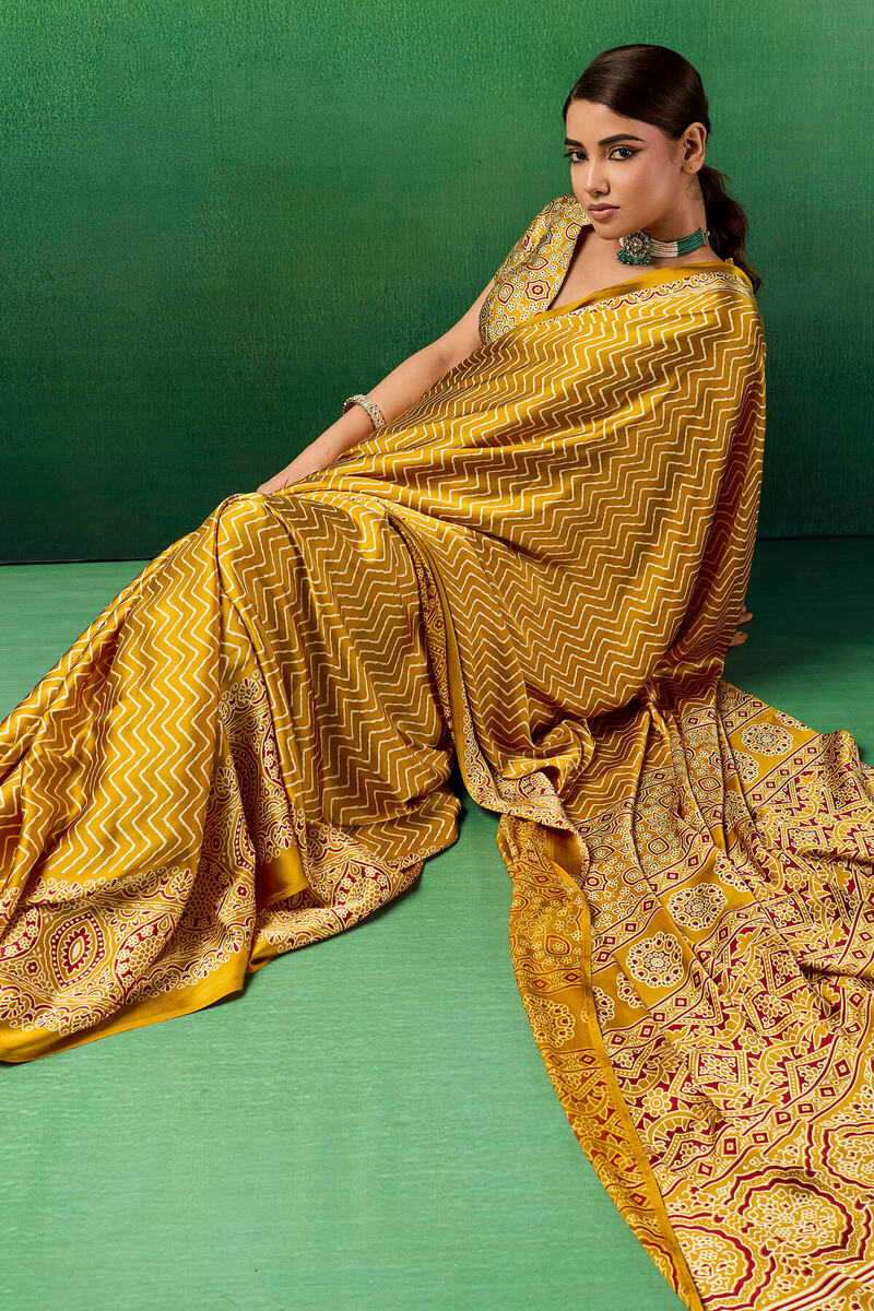 Posh Yellow Ajrakh Printed Semi Modal Silk Saree With Imbrication Blouse Piece
