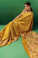 Posh Yellow Ajrakh Printed Semi Modal Silk Saree With Imbrication Blouse Piece