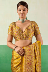 Posh Yellow Ajrakh Printed Semi Modal Silk Saree With Imbrication Blouse Piece
