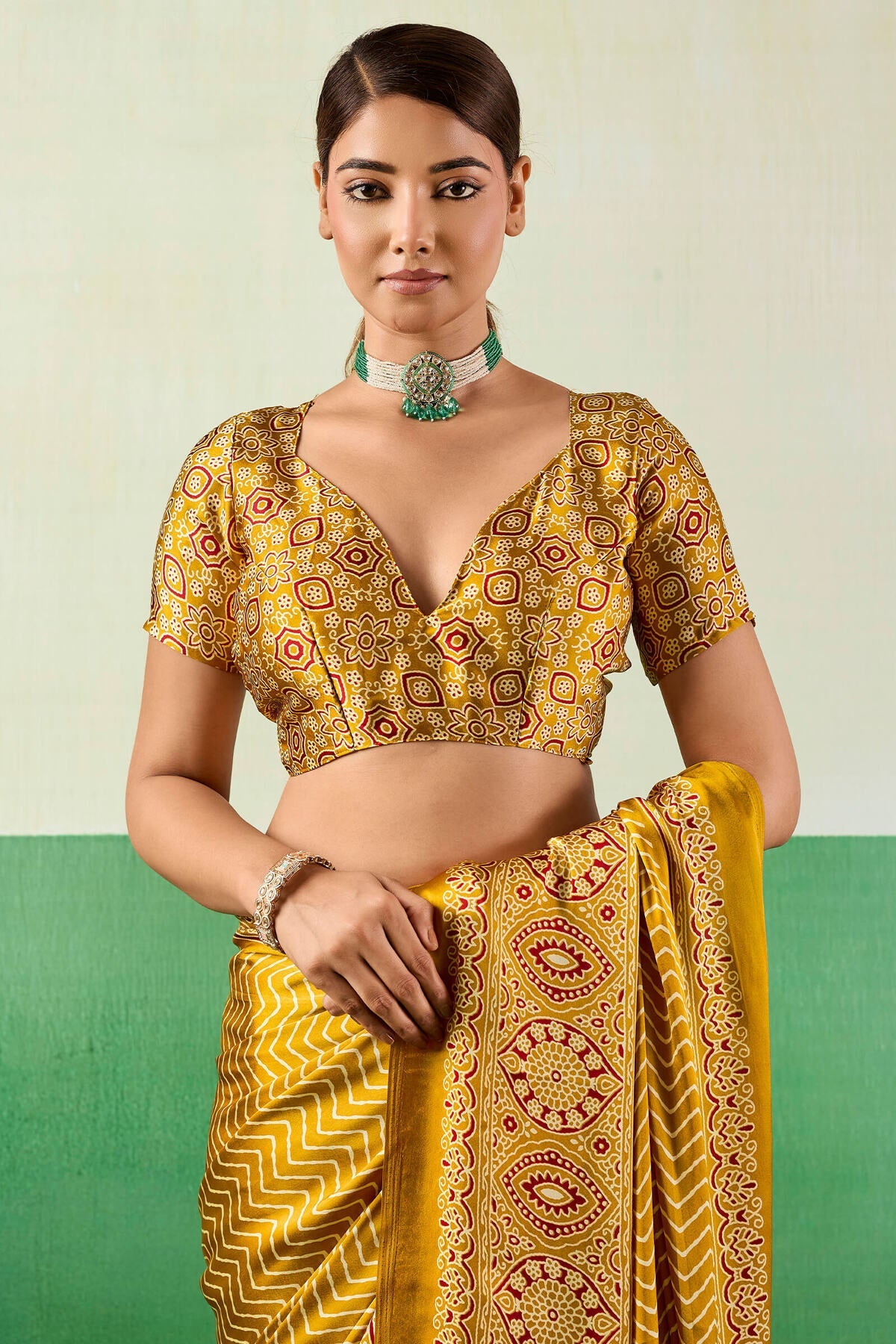 Posh Yellow Ajrakh Printed Semi Modal Silk Saree With Imbrication Blouse Piece