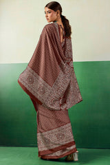 Ornate Brown Ajrakh Printed Semi Modal Silk Saree With Imaginative Blouse Piece