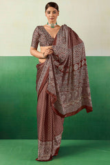 Ornate Brown Ajrakh Printed Semi Modal Silk Saree With Imaginative Blouse Piece