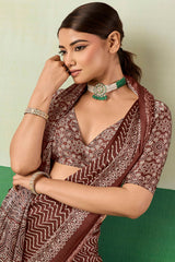 Ornate Brown Ajrakh Printed Semi Modal Silk Saree With Imaginative Blouse Piece