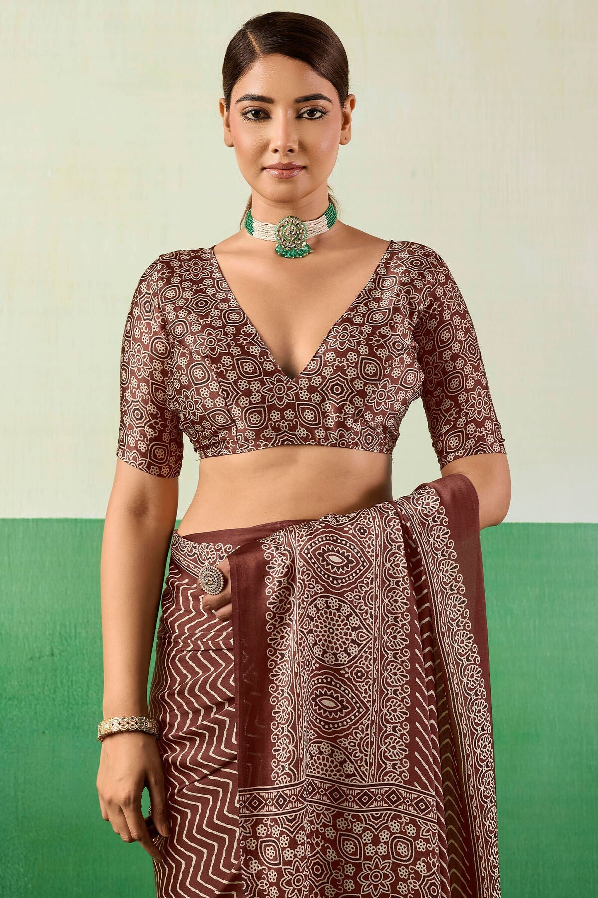 Ornate Brown Ajrakh Printed Semi Modal Silk Saree With Imaginative Blouse Piece
